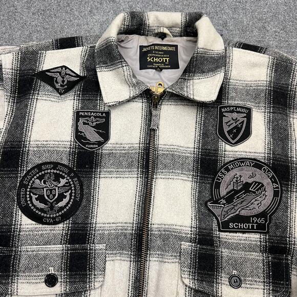Schott Jacket Mens 3XL Black Gray Plaid Wool Blend G-1 M-422B Naval Patches - Picture 3 of 12